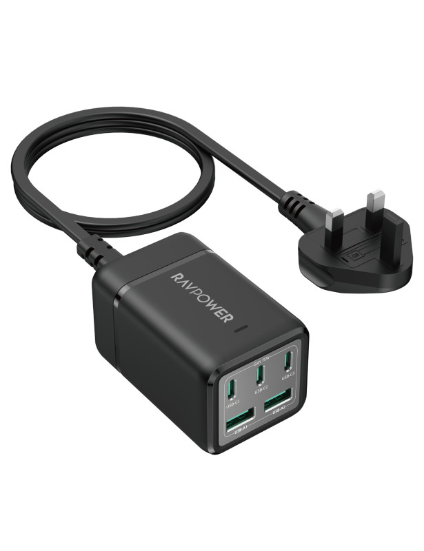 شريط طاقة RP-PC1045 75 وات بخمسة منافذ بدون منافذ تيار متردد غير متصلة بالإنترنت، أسود