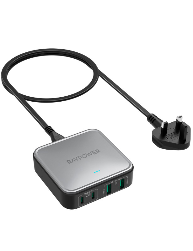 شاحن سطح المكتب Ravpower RP-PC1042 GaN PD 100W 4 منافذ غير متصل بالإنترنت، أسود