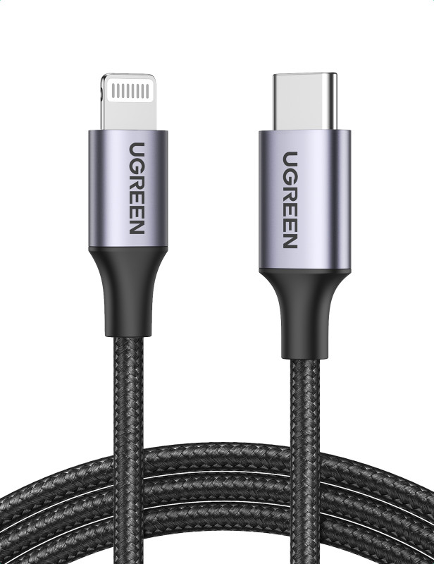 كيبل يوجرين USB-C إلى Lightning M/M مضفر من الألومنيوم بطول 2 متر (أسود)
