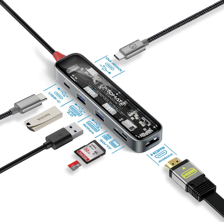 موزع USB-C شفاف متعدد المنافذ 7 في 1 رفيع مع توصيل طاقة 100 وات