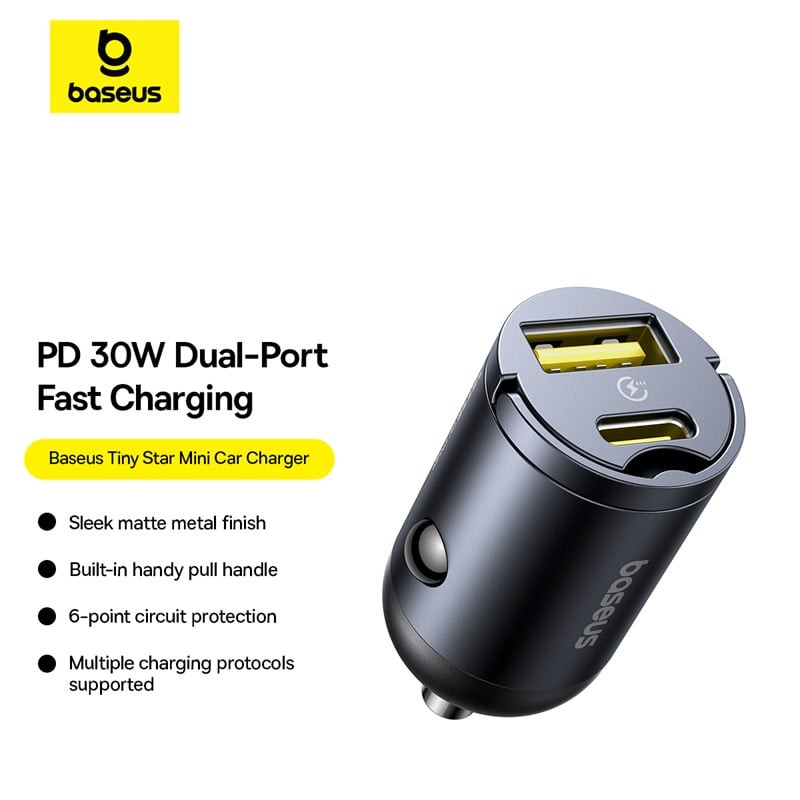 شاحن سيارة صغير من Baseus Tiny Star (U+C) بقوة 30 وات باللون الأسود الكوني