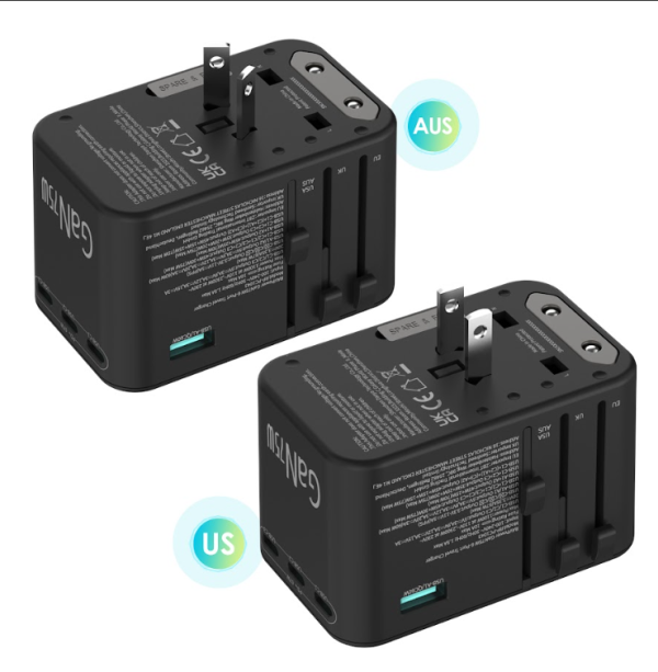 شاحن سفر RP-PC1043 PD GaN 75W بأربعة منافذ غير متصل بالإنترنت عالميًا باللون الأسود