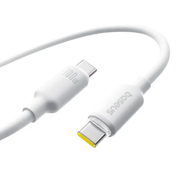 كيبل بيانات سريع الشحن من Baseus مصنوع من السيليكون الرغوي USB-C إلى USB-C بقوة 100 واط، لون أبيض قمري